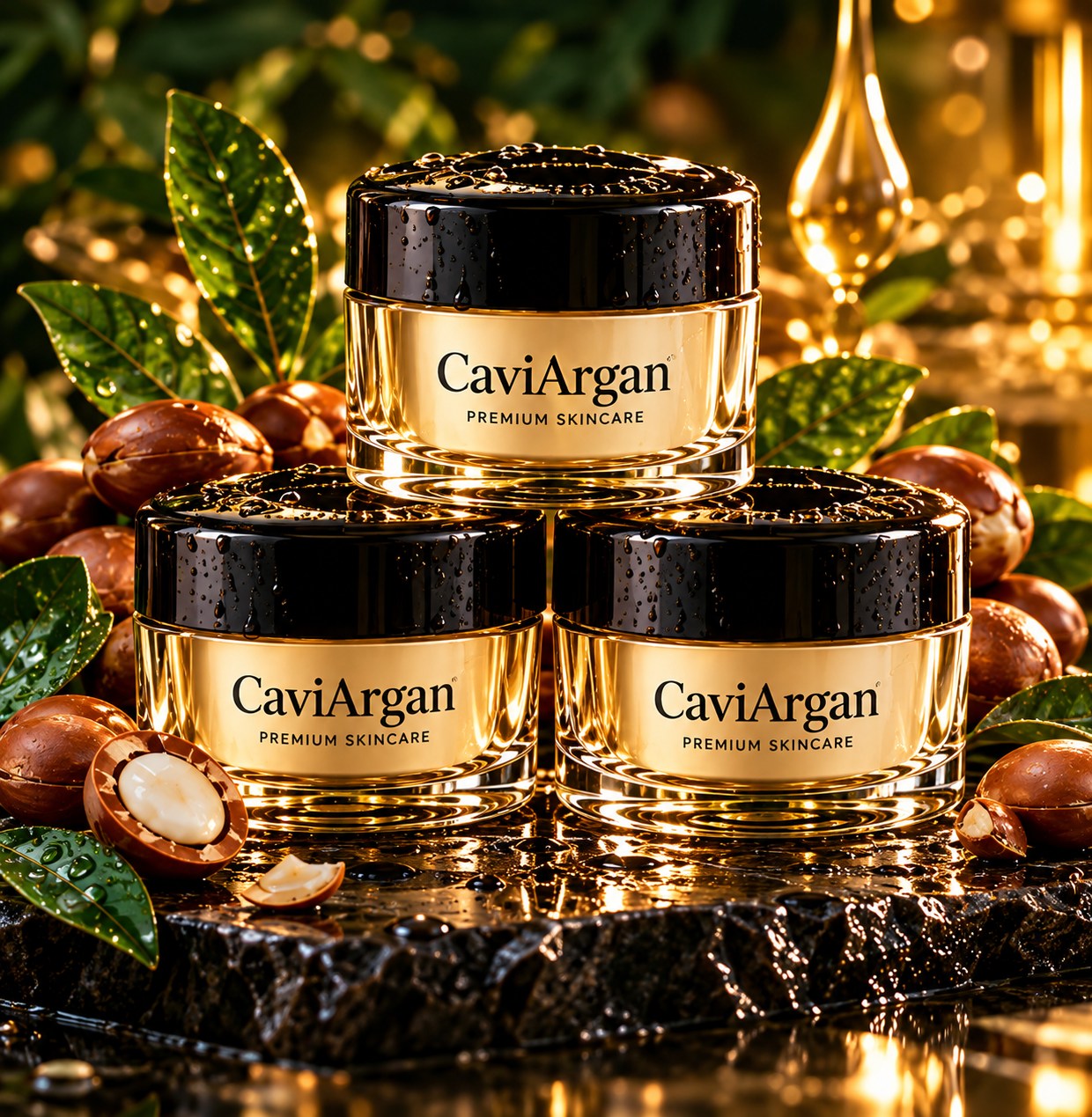 AI-generated illustration of 3 CaviArgan skincare jars arranged as a bundle
