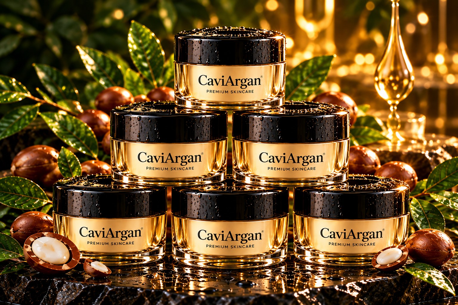 AI-generated illustration of 6 CaviArgan skincare jars arranged as a bundle
